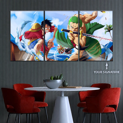 One Piece Canvas Wall Art - Luffy & Zoro 5 Piece Split Panel Anime Poster - Framed Ready to Hang Living Room & Man Cave Decor - OP5057