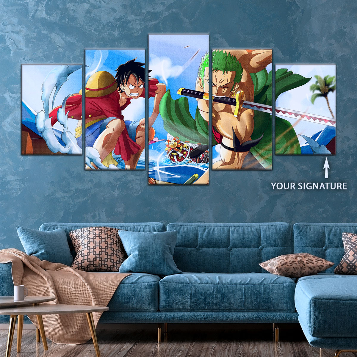 One Piece Canvas Wall Art - Luffy & Zoro 5 Piece Split Panel Anime Poster - Framed Ready to Hang Living Room & Man Cave Decor - OP5057