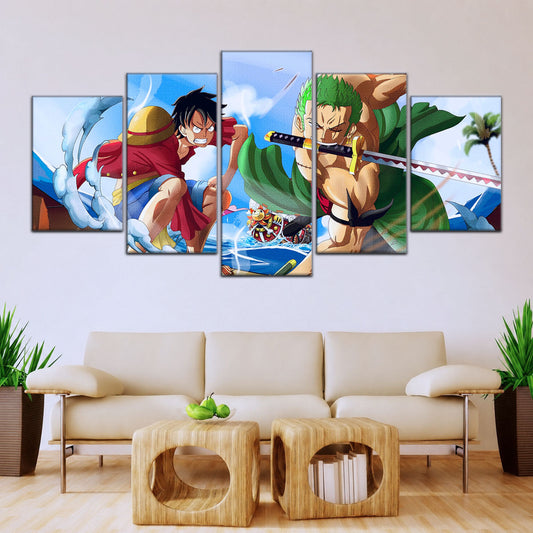 One Piece Canvas Wall Art - Luffy & Zoro 5 Piece Split Panel Anime Poster - Framed Ready to Hang Living Room & Man Cave Decor - OP5057