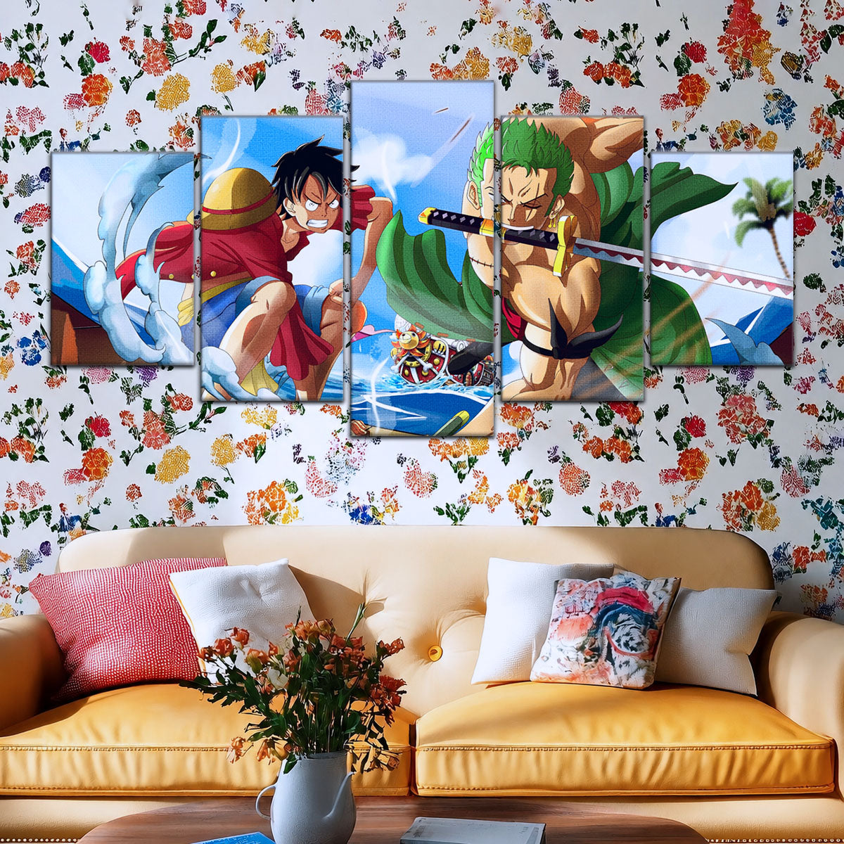 One Piece Canvas Wall Art - Luffy & Zoro 5 Piece Split Panel Anime Poster - Framed Ready to Hang Living Room & Man Cave Decor - OP5057