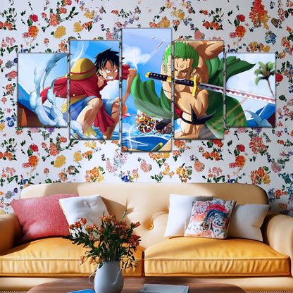 One Piece Canvas Wall Art - Luffy & Zoro 5 Piece Split Panel Anime Poster - Framed Ready to Hang Living Room & Man Cave Decor - OP5057