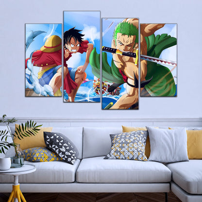 One Piece Canvas Wall Art - Luffy & Zoro 5 Piece Split Panel Anime Poster - Framed Ready to Hang Living Room & Man Cave Decor - OP5057
