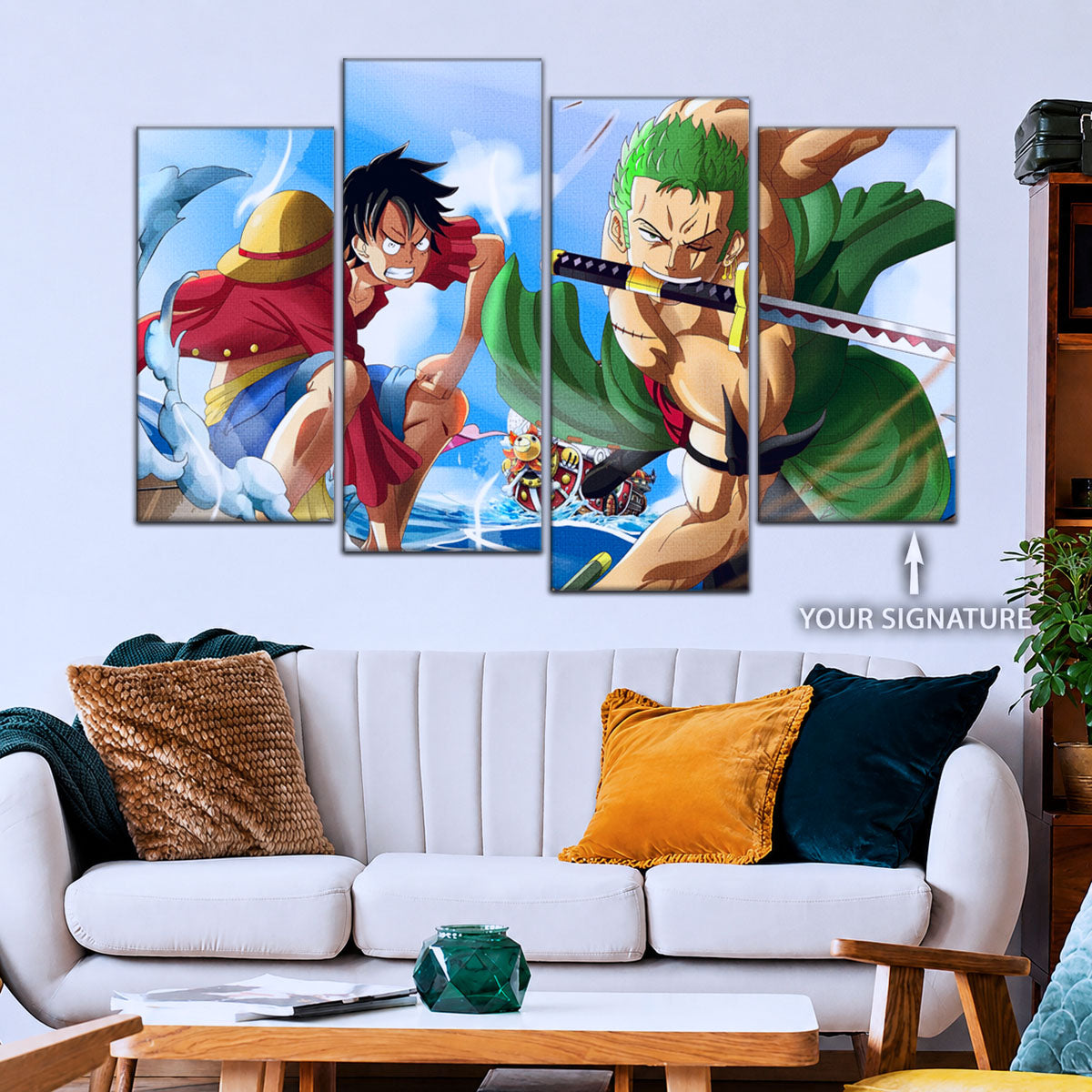 One Piece Canvas Wall Art - Luffy & Zoro 5 Piece Split Panel Anime Poster - Framed Ready to Hang Living Room & Man Cave Decor - OP5057