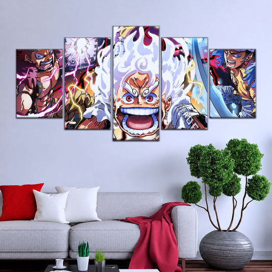 One Piece Canvas Wall Art - Luffy Gear 5, Law & Kid 5 Piece Split Panel Anime Poster - Framed Ready to Hang Living Room & Man Cave Decor - OP5058