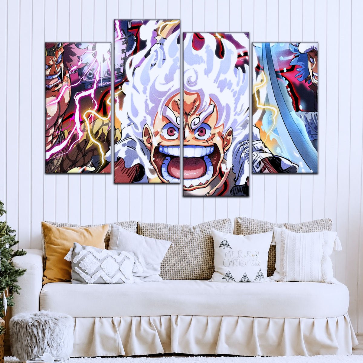 One Piece Canvas Wall Art - Luffy Gear 5, Law & Kid 5 Piece Split Panel Anime Poster - Framed Ready to Hang Living Room & Man Cave Decor - OP5058