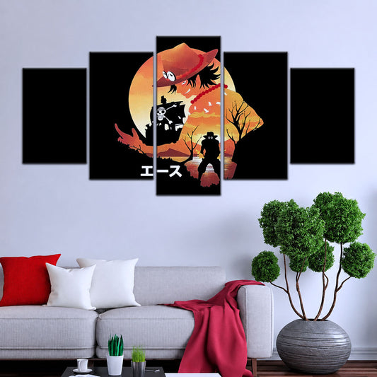 One Piece Canvas Wall Art - Portgas D. Ace Fire Fist 5 Piece Split Panel Anime Poster - Framed Ready to Hang Living Room & Man Cave Decor - OP5059