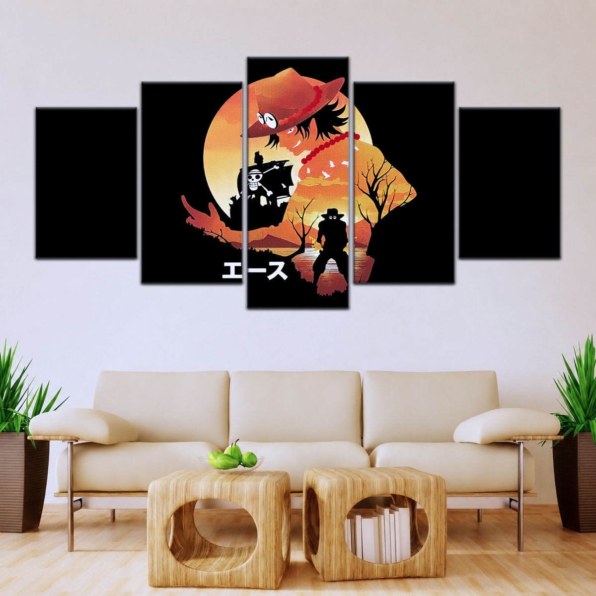 One Piece Canvas Wall Art - Portgas D. Ace Fire Fist 5 Piece Split Panel Anime Poster - Framed Ready to Hang Living Room & Man Cave Decor - OP5059