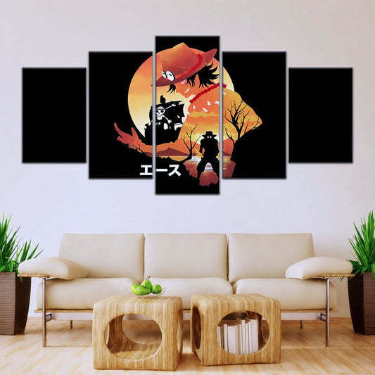 One Piece Canvas Wall Art - Portgas D. Ace Fire Fist 5 Piece Split Panel Anime Poster - Framed Ready to Hang Living Room & Man Cave Decor - OP5059