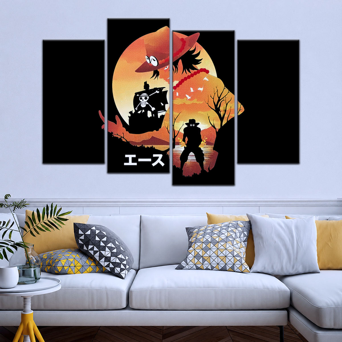 One Piece Canvas Wall Art - Portgas D. Ace Fire Fist 5 Piece Split Panel Anime Poster - Framed Ready to Hang Living Room & Man Cave Decor - OP5059