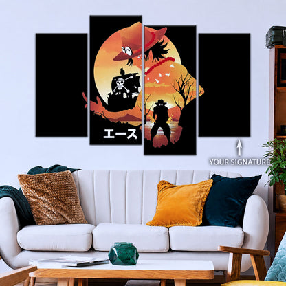 One Piece Canvas Wall Art - Portgas D. Ace Fire Fist 5 Piece Split Panel Anime Poster - Framed Ready to Hang Living Room & Man Cave Decor - OP5059