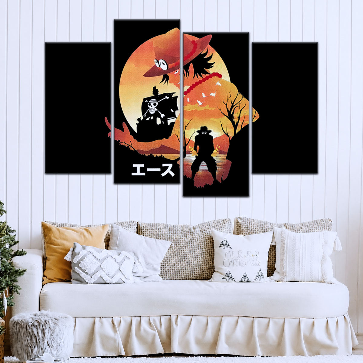 One Piece Canvas Wall Art - Portgas D. Ace Fire Fist 5 Piece Split Panel Anime Poster - Framed Ready to Hang Living Room & Man Cave Decor - OP5059
