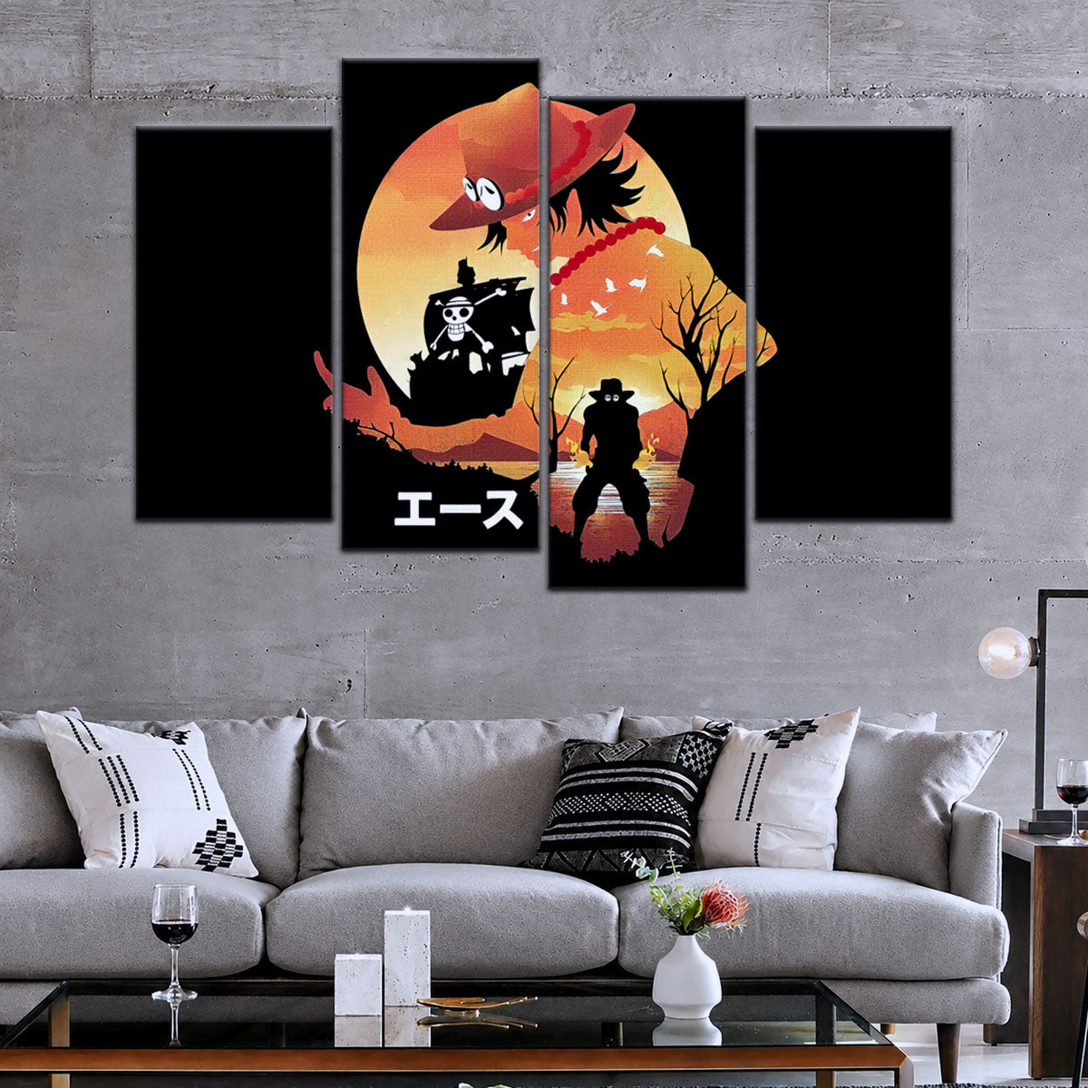 One Piece Canvas Wall Art - Portgas D. Ace Fire Fist 5 Piece Split Panel Anime Poster - Framed Ready to Hang Living Room & Man Cave Decor - OP5059