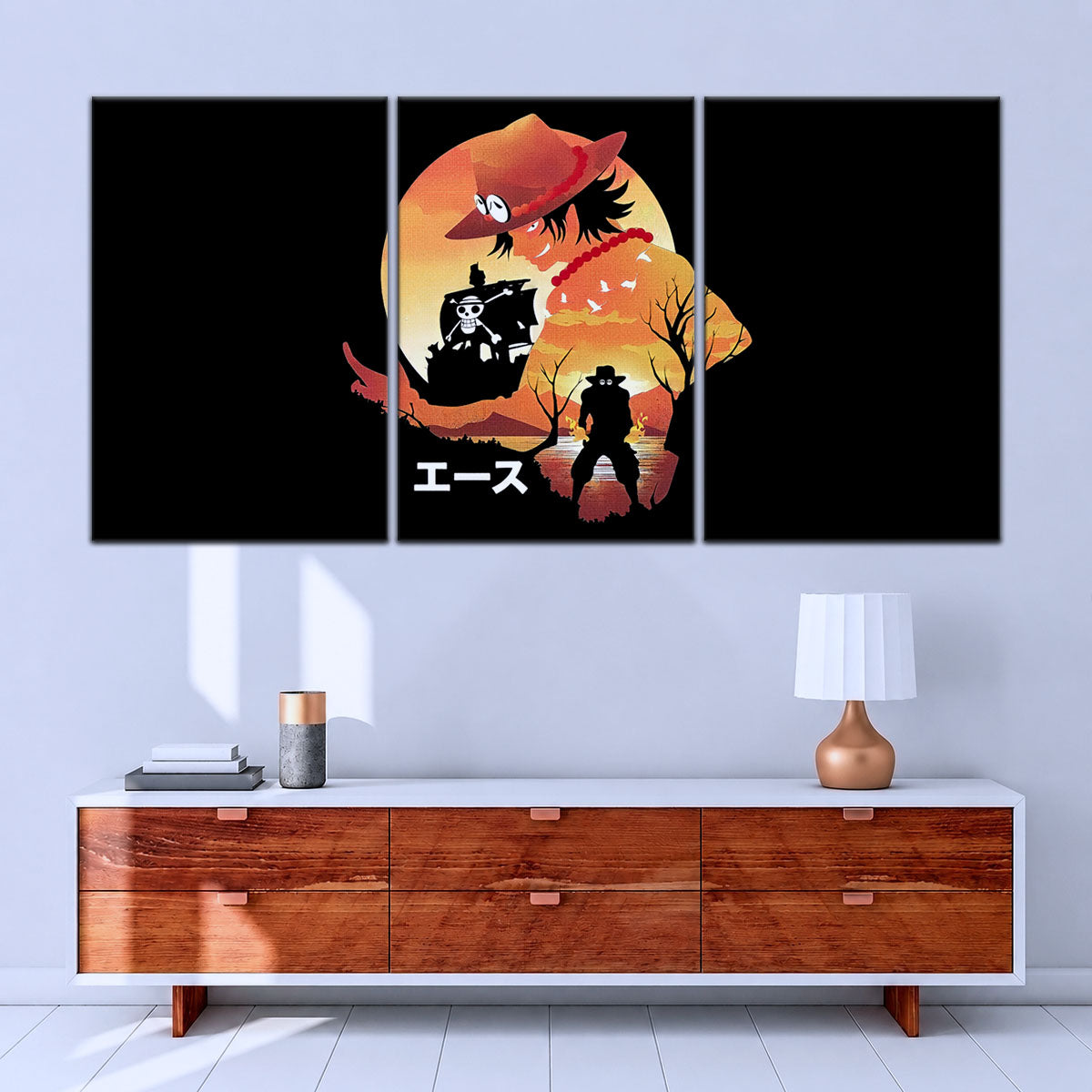 One Piece Canvas Wall Art - Portgas D. Ace Fire Fist 5 Piece Split Panel Anime Poster - Framed Ready to Hang Living Room & Man Cave Decor - OP5059