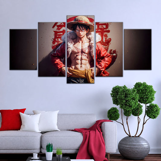 One Piece Canvas Wall Art - Monkey D. Luffy 5 Piece Split Panel Anime Poster - Framed Ready to Hang Living Room & Man Cave Decor - OP5060