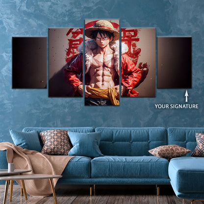 One Piece Canvas Wall Art - Monkey D. Luffy 5 Piece Split Panel Anime Poster - Framed Ready to Hang Living Room & Man Cave Decor - OP5060