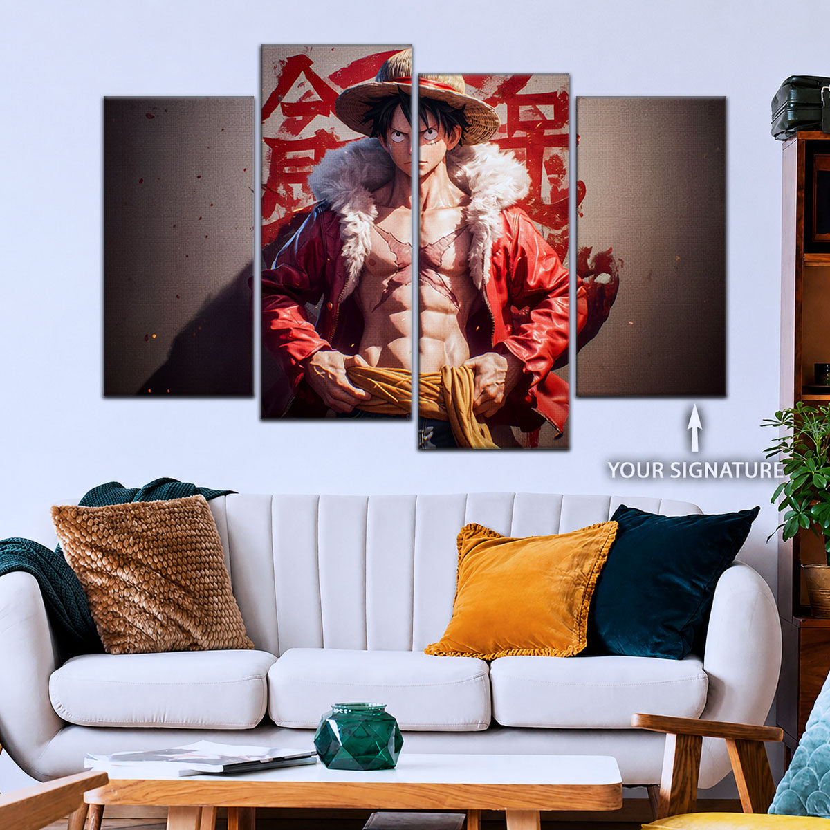 One Piece Canvas Wall Art - Monkey D. Luffy 5 Piece Split Panel Anime Poster - Framed Ready to Hang Living Room & Man Cave Decor - OP5060