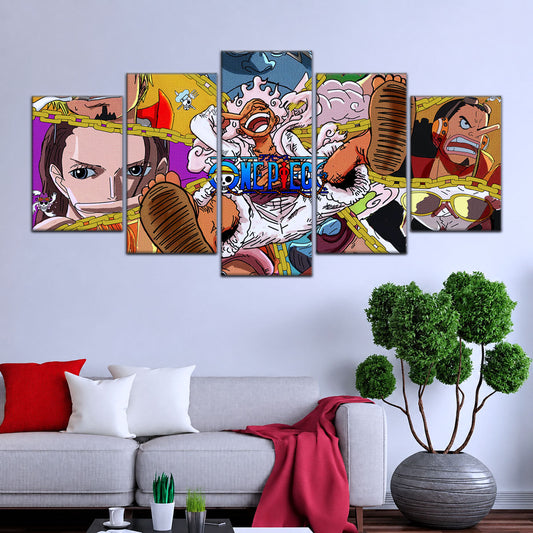 One Piece Canvas Wall Art - Monster Trio Luffy Gear 5, Zoro & Sanji 5 Piece Split Panel Anime Poster - Framed Ready to Hang Living Room & Man Cave Decor - OP5061