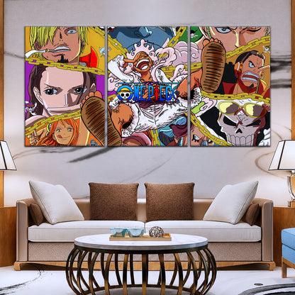 One Piece Canvas Wall Art - Monster Trio Luffy Gear 5, Zoro & Sanji 5 Piece Split Panel Anime Poster - Framed Ready to Hang Living Room & Man Cave Decor - OP5061
