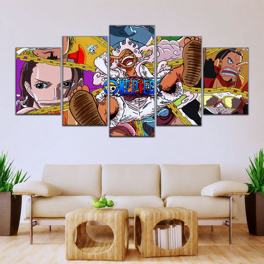One Piece Canvas Wall Art - Monster Trio Luffy Gear 5, Zoro & Sanji 5 Piece Split Panel Anime Poster - Framed Ready to Hang Living Room & Man Cave Decor - OP5061