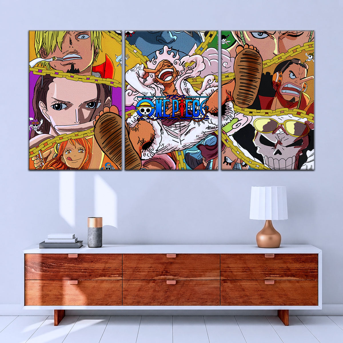 One Piece Canvas Wall Art - Monster Trio Luffy Gear 5, Zoro & Sanji 5 Piece Split Panel Anime Poster - Framed Ready to Hang Living Room & Man Cave Decor - OP5061