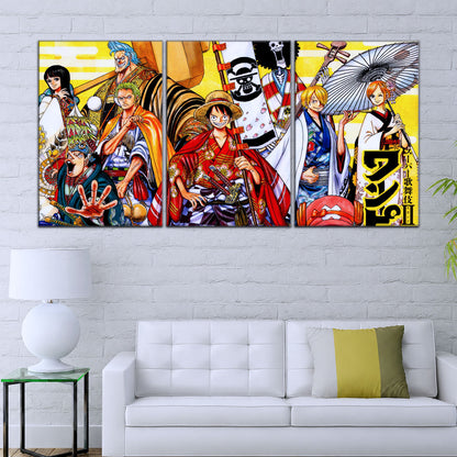 One Piece Canvas Wall Art - Straw Hat Crew featuring Luffy & Zoro 5 Piece Split Panel Anime Poster - Framed Ready to Hang Living Room & Man Cave Decor - OP5063