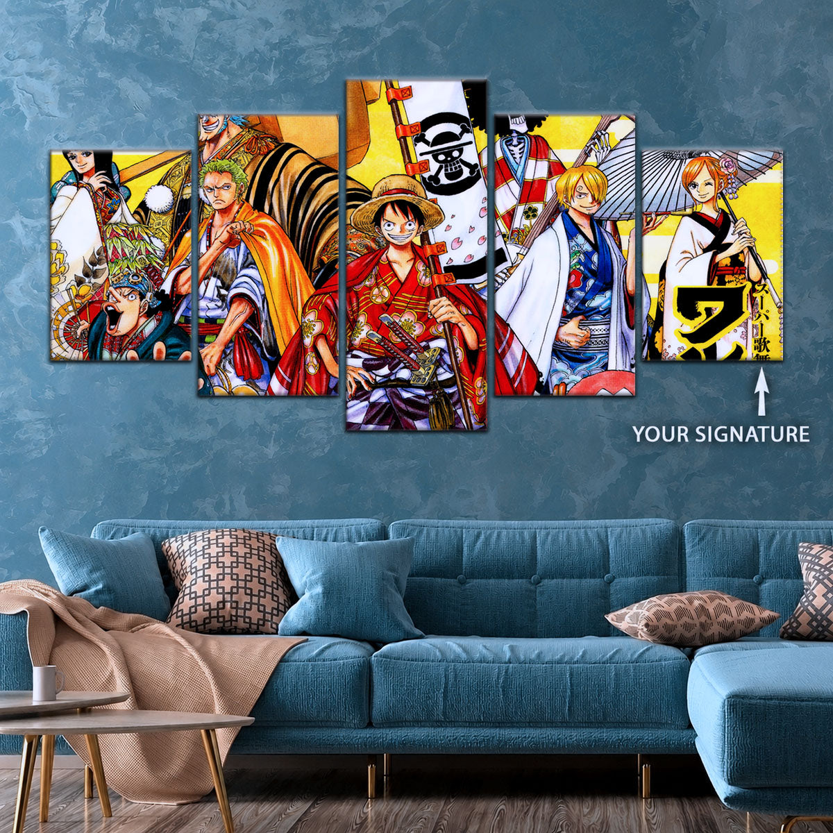 One Piece Canvas Wall Art - Straw Hat Crew featuring Luffy & Zoro 5 Piece Split Panel Anime Poster - Framed Ready to Hang Living Room & Man Cave Decor - OP5063
