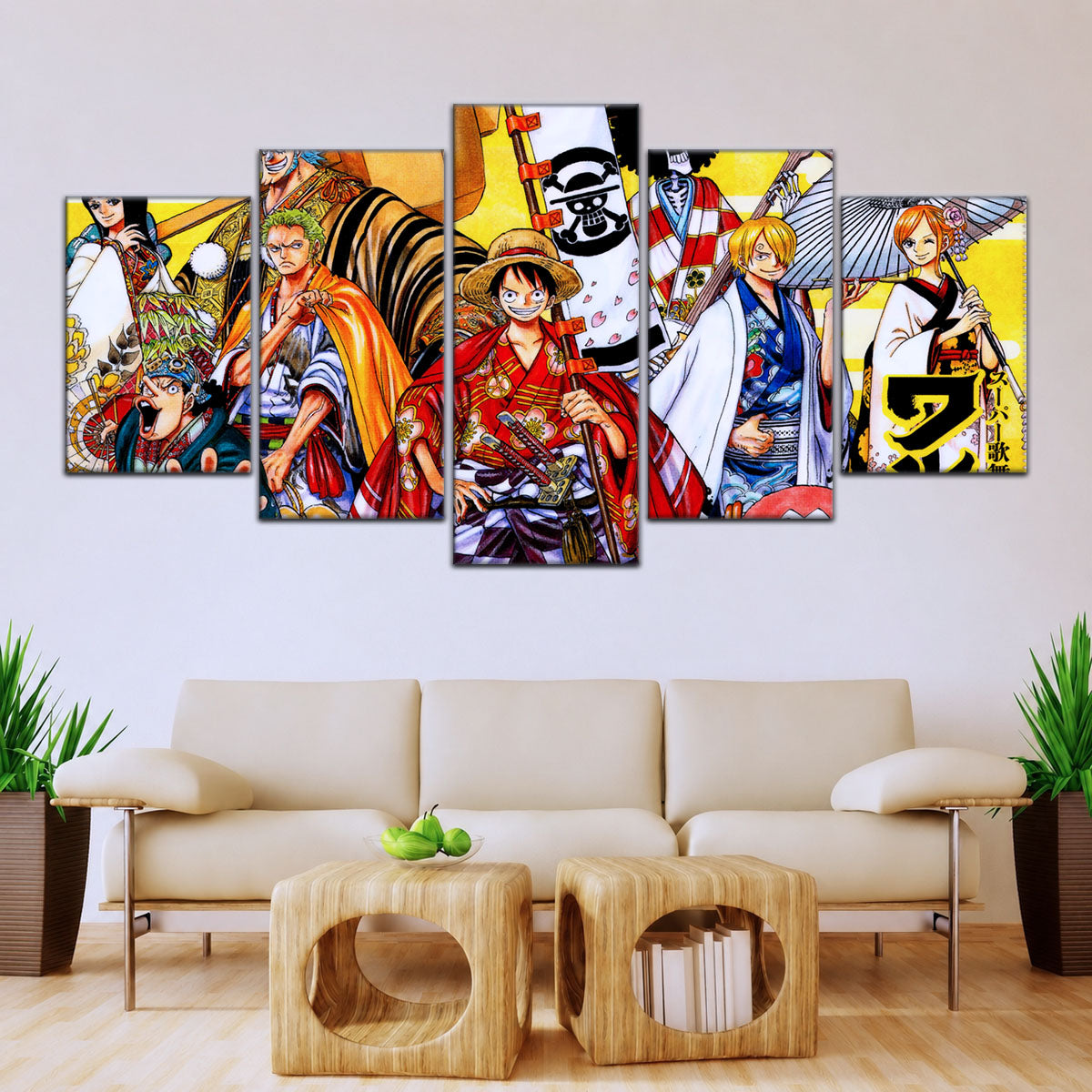 One Piece Canvas Wall Art - Straw Hat Crew featuring Luffy & Zoro 5 Piece Split Panel Anime Poster - Framed Ready to Hang Living Room & Man Cave Decor - OP5063