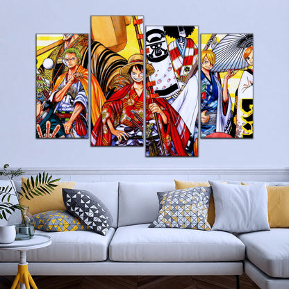 One Piece Canvas Wall Art - Straw Hat Crew featuring Luffy & Zoro 5 Piece Split Panel Anime Poster - Framed Ready to Hang Living Room & Man Cave Decor - OP5063
