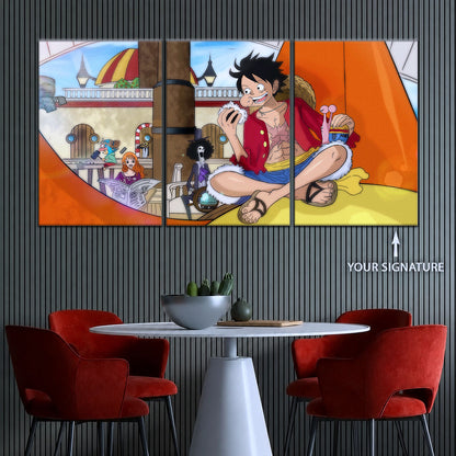 One Piece Canvas Wall Art - Straw Hat Crew featuring Luffy 5 Piece Split Panel Anime Poster - Framed Ready to Hang Living Room & Man Cave Decor - OP5064