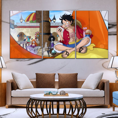 One Piece Canvas Wall Art - Straw Hat Crew featuring Luffy 5 Piece Split Panel Anime Poster - Framed Ready to Hang Living Room & Man Cave Decor - OP5064