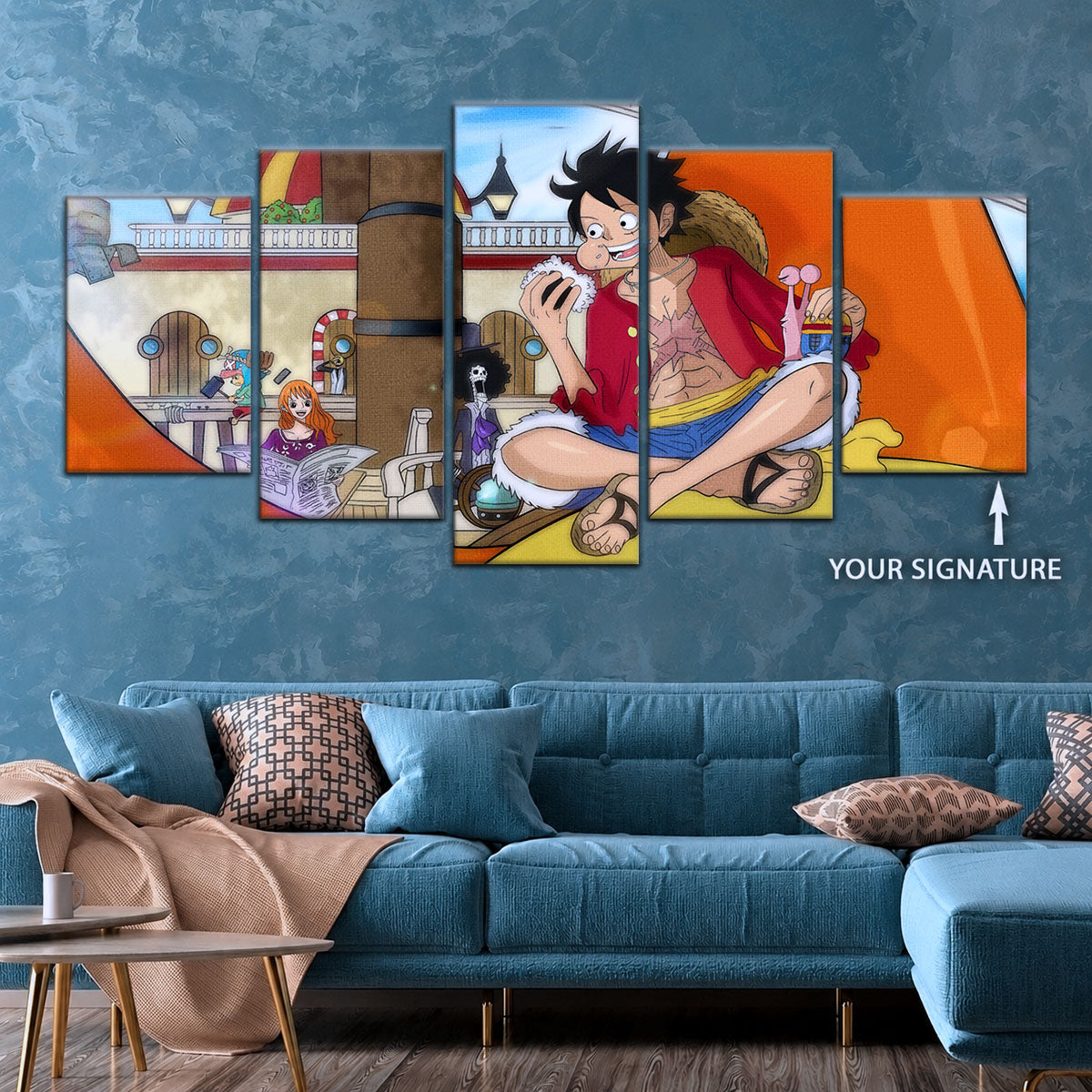 One Piece Canvas Wall Art - Straw Hat Crew featuring Luffy 5 Piece Split Panel Anime Poster - Framed Ready to Hang Living Room & Man Cave Decor - OP5064