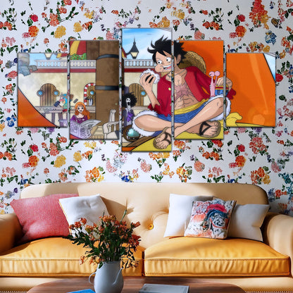 One Piece Canvas Wall Art - Straw Hat Crew featuring Luffy 5 Piece Split Panel Anime Poster - Framed Ready to Hang Living Room & Man Cave Decor - OP5064