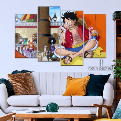 One Piece Canvas Wall Art - Straw Hat Crew featuring Luffy 5 Piece Split Panel Anime Poster - Framed Ready to Hang Living Room & Man Cave Decor - OP5064
