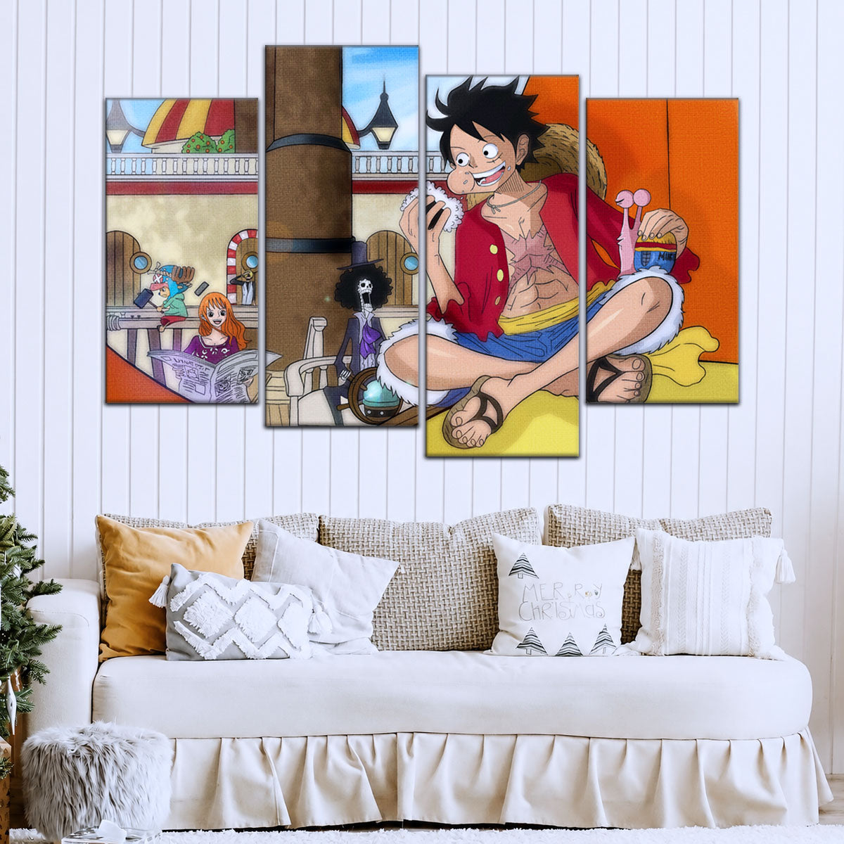 One Piece Canvas Wall Art - Straw Hat Crew featuring Luffy 5 Piece Split Panel Anime Poster - Framed Ready to Hang Living Room & Man Cave Decor - OP5064