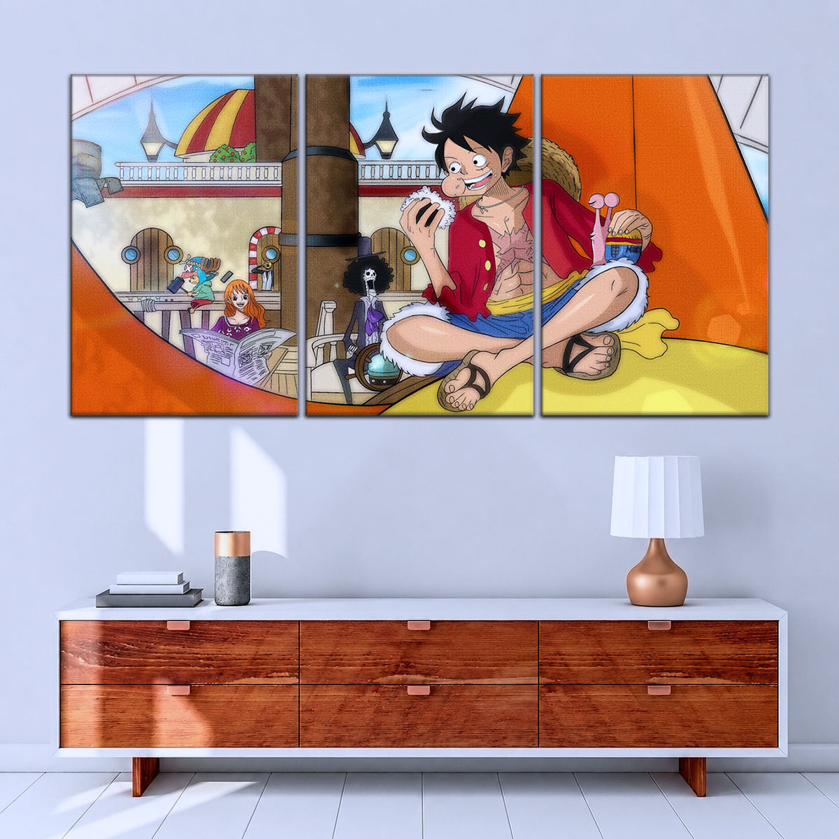 One Piece Canvas Wall Art - Straw Hat Crew featuring Luffy 5 Piece Split Panel Anime Poster - Framed Ready to Hang Living Room & Man Cave Decor - OP5064