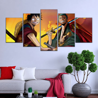 One Piece Wano Arc Canvas Wall Art - Luffy & Zoro 5 Piece Split Panel Anime Poster - Framed Ready to Hang Living Room & Man Cave Decor - OP5065
