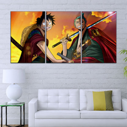 One Piece Wano Arc Canvas Wall Art - Luffy & Zoro 5 Piece Split Panel Anime Poster - Framed Ready to Hang Living Room & Man Cave Decor - OP5065