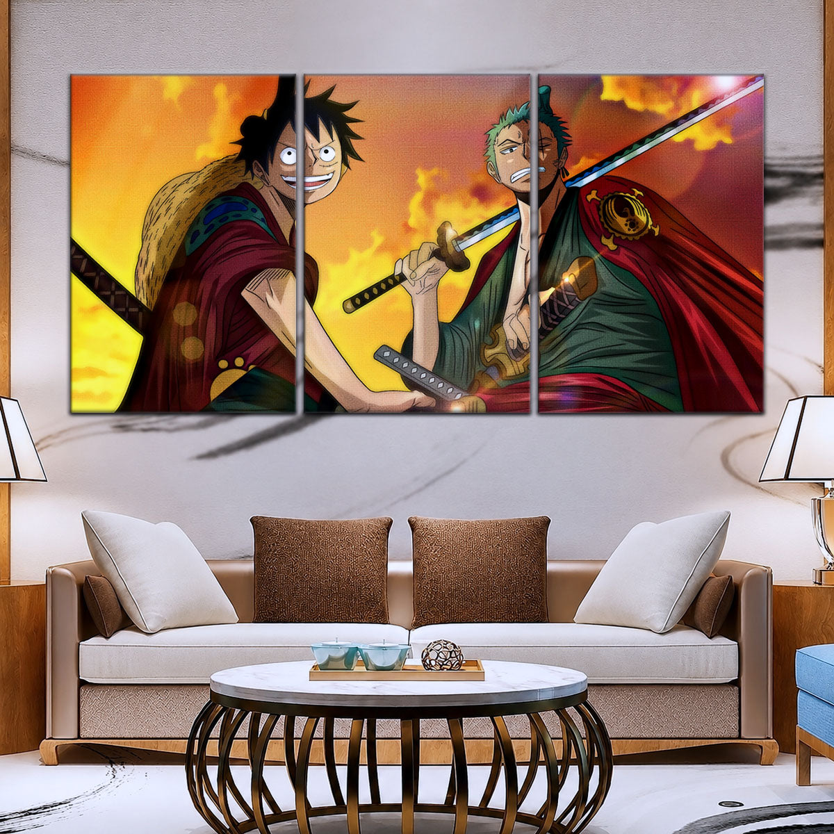 One Piece Wano Arc Canvas Wall Art - Luffy & Zoro 5 Piece Split Panel Anime Poster - Framed Ready to Hang Living Room & Man Cave Decor - OP5065