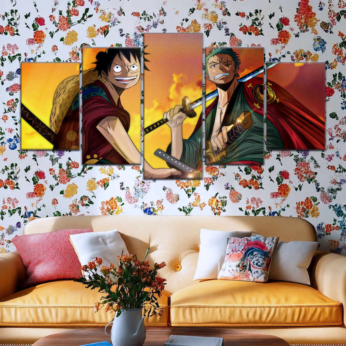 One Piece Wano Arc Canvas Wall Art - Luffy & Zoro 5 Piece Split Panel Anime Poster - Framed Ready to Hang Living Room & Man Cave Decor - OP5065