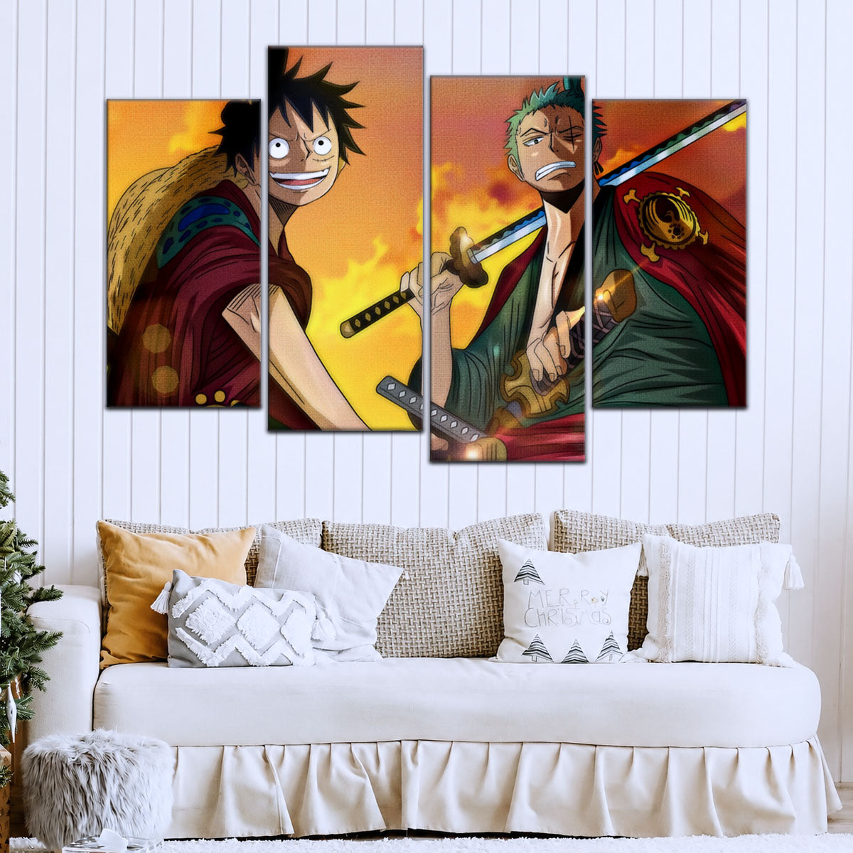 One Piece Wano Arc Canvas Wall Art - Luffy & Zoro 5 Piece Split Panel Anime Poster - Framed Ready to Hang Living Room & Man Cave Decor - OP5065