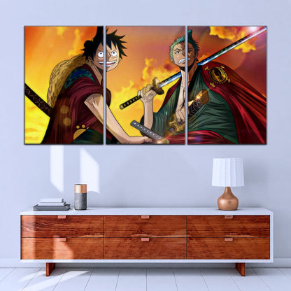 One Piece Wano Arc Canvas Wall Art - Luffy & Zoro 5 Piece Split Panel Anime Poster - Framed Ready to Hang Living Room & Man Cave Decor - OP5065