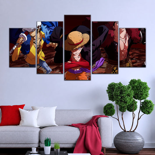 One Piece Canvas Wall Art - Luffy, Law & Kid 5 Piece Split Panel Anime Poster - Framed Ready to Hang Living Room & Man Cave Decor - OP5066