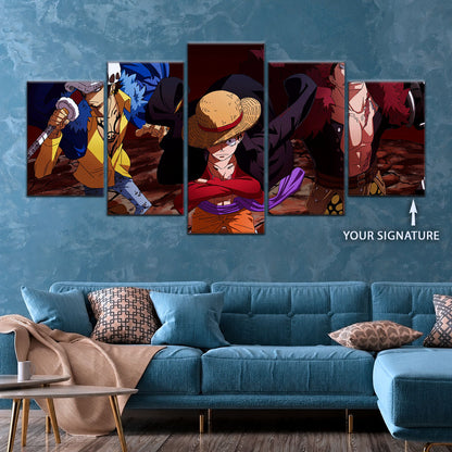 One Piece Canvas Wall Art - Luffy, Law & Kid 5 Piece Split Panel Anime Poster - Framed Ready to Hang Living Room & Man Cave Decor - OP5066