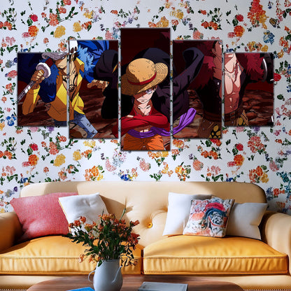 One Piece Canvas Wall Art - Luffy, Law & Kid 5 Piece Split Panel Anime Poster - Framed Ready to Hang Living Room & Man Cave Decor - OP5066