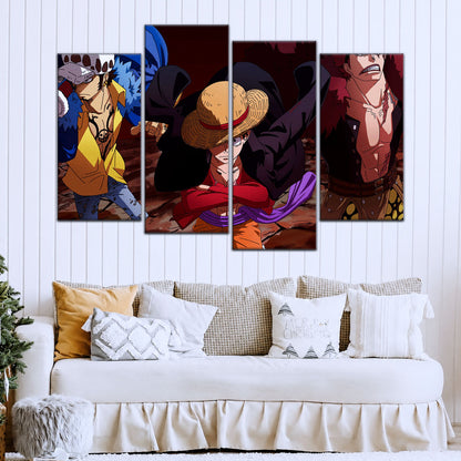 One Piece Canvas Wall Art - Luffy, Law & Kid 5 Piece Split Panel Anime Poster - Framed Ready to Hang Living Room & Man Cave Decor - OP5066