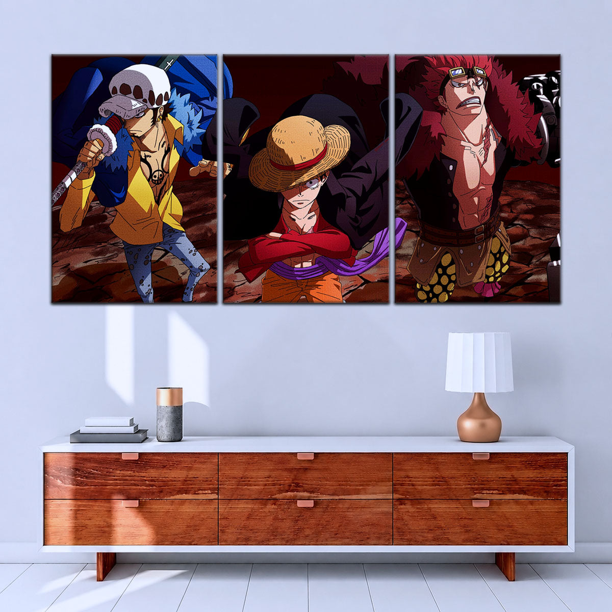 One Piece Canvas Wall Art - Luffy, Law & Kid 5 Piece Split Panel Anime Poster - Framed Ready to Hang Living Room & Man Cave Decor - OP5066