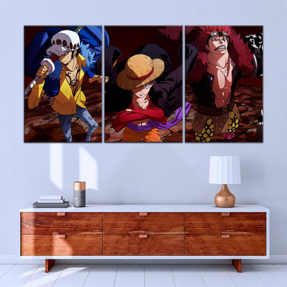 One Piece Canvas Wall Art - Luffy, Law & Kid 5 Piece Split Panel Anime Poster - Framed Ready to Hang Living Room & Man Cave Decor - OP5066
