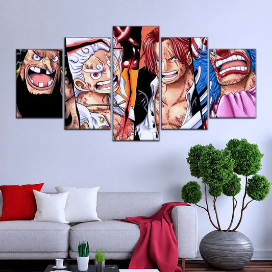 One Piece Canvas Wall Art - Luffy Gear 5, Shanks, Buggy & Teach 5 Piece Split Pa