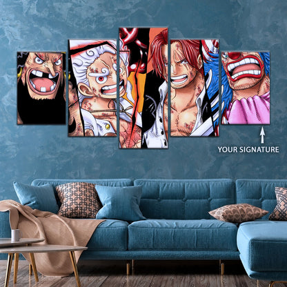 One Piece Canvas Wall Art - Luffy Gear 5, Shanks, Buggy & Teach 5 Piece Split Pa