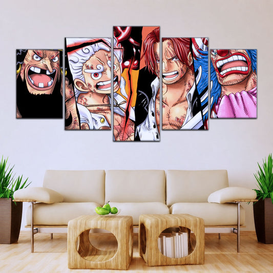 One Piece Canvas Wall Art - Luffy Gear 5, Shanks, Buggy & Teach 5 Piece Split Pa